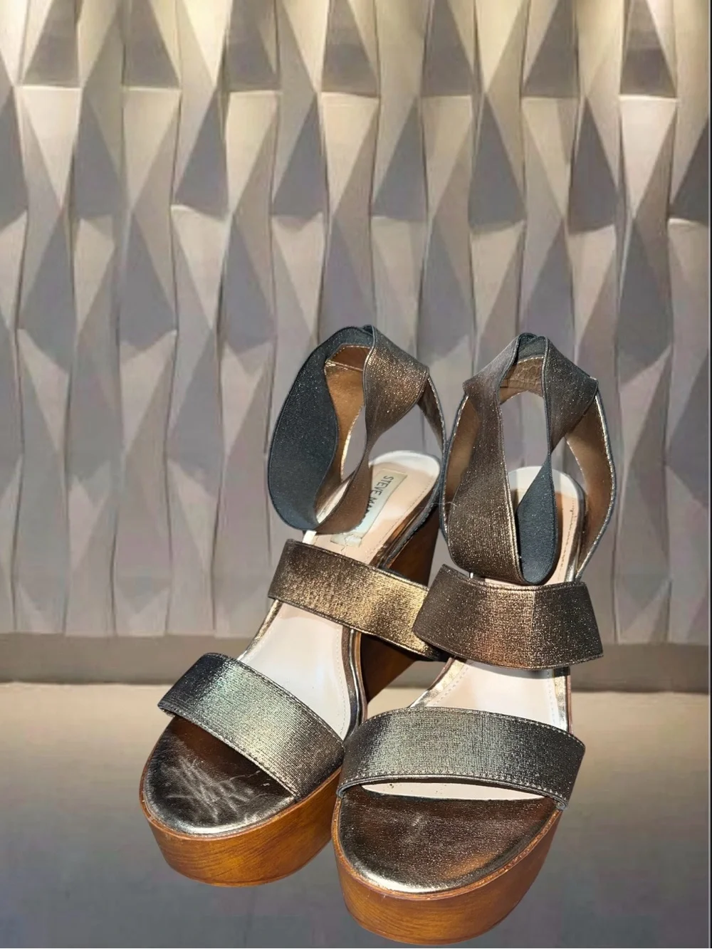 Steve Madden Metallic Gold Platform Sandals with Wood-Look Wedge